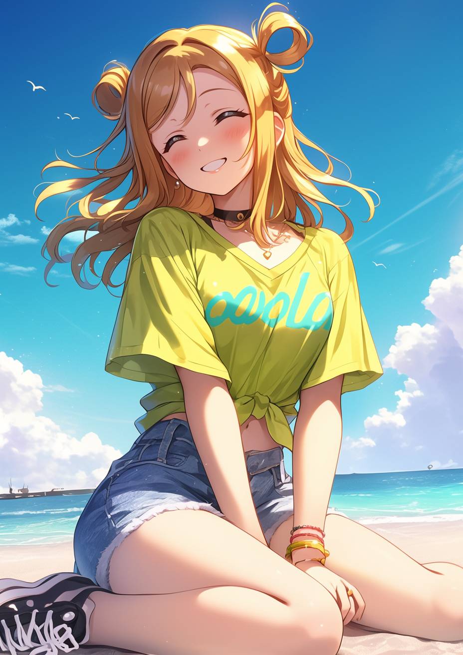 Mari Ohara porte un t-shirt jaune et une jupe en denim, assise sur la plage, souriante et détendue.