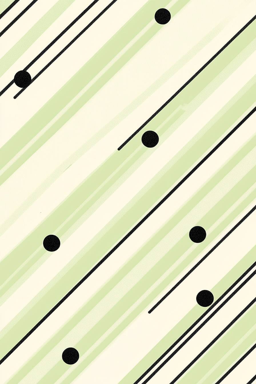 White background with light green diagonal stripes and black dots pattern, simple cute cartoon style digital art.