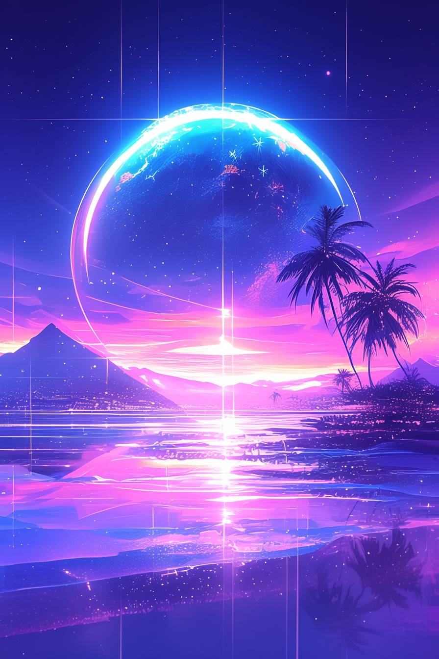 Retro 80s synthwave style with neon grid, glowing purple and turquoise skies, nostalgic vibe