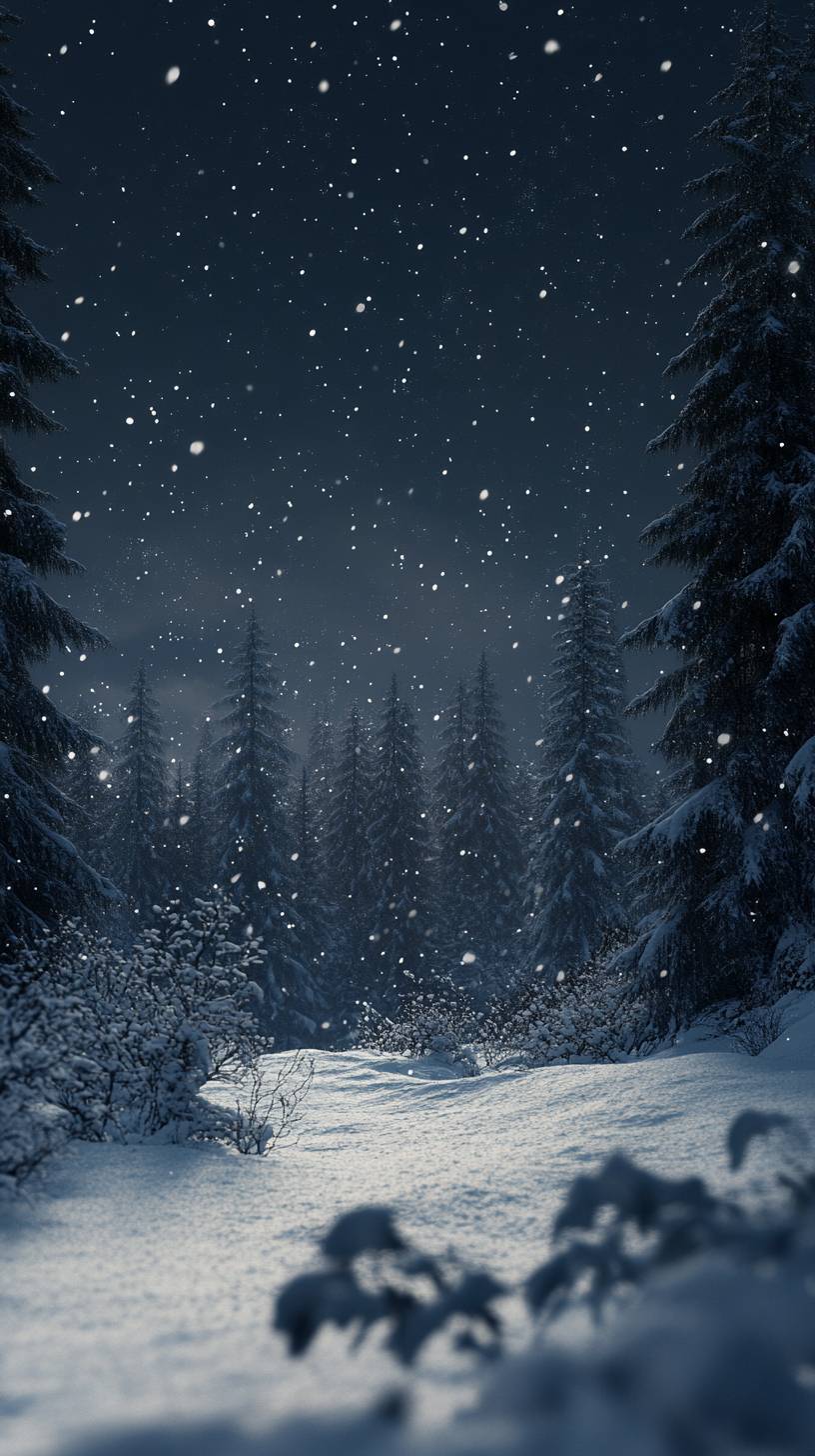 Beautiful dark night winter landscape with snow in Finland, featuring a forest under the stars.