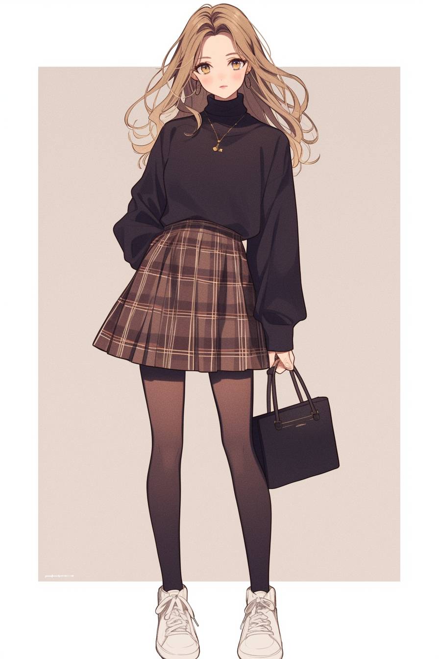 Chica de anime con un suéter negro clásico, falda mini de cuadros y sneakers blancas, evocando el estilo de Taylor Swift.