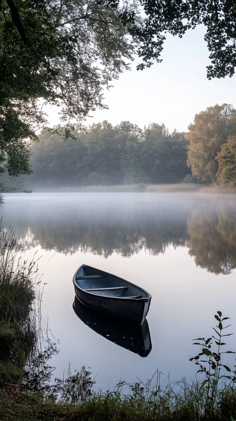 Lago pacífico refletindo um único barco a remo, com névoa matinal e água parada, em uma composição minimalista.