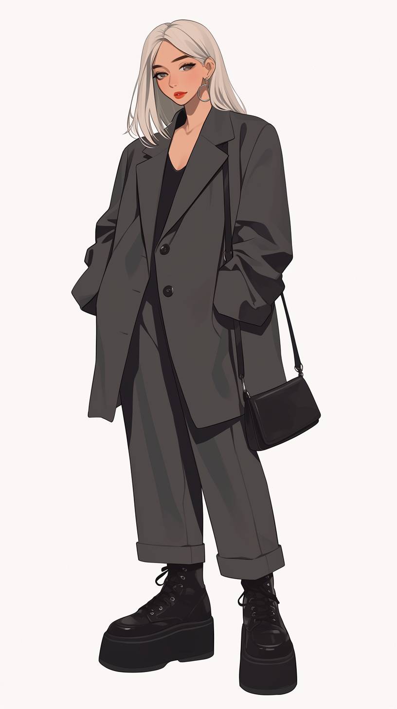 Una chica de anime con un blazer gris carbón grande, pantalones de tiro alto y botas negras de plataforma, inspirada en el estilo minimalista de Dua Lipa.