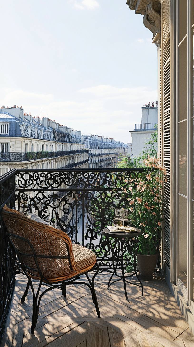 Balcão parisiense, corrimãos de ferro forjado, cadeira de vime com mesa lateral, vista da cidade, atmosfera romântica