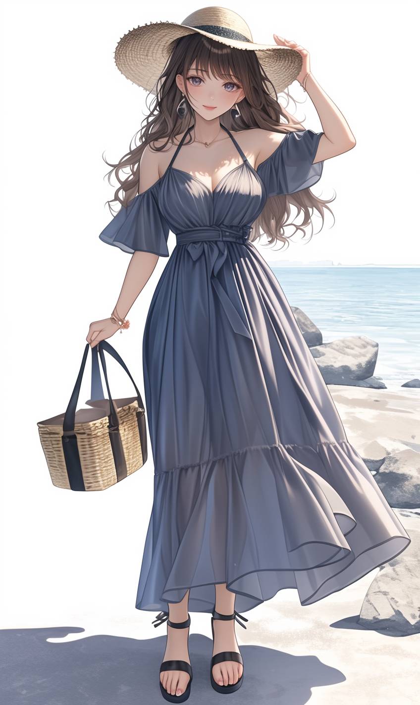 Chica de anime realista CG con un vestido maxi azul fluido, sandalias con tiras y un sombrero de sol, sosteniendo una chic bolsa tejida, con piel natural radiante y ondas playeras en su cabello.