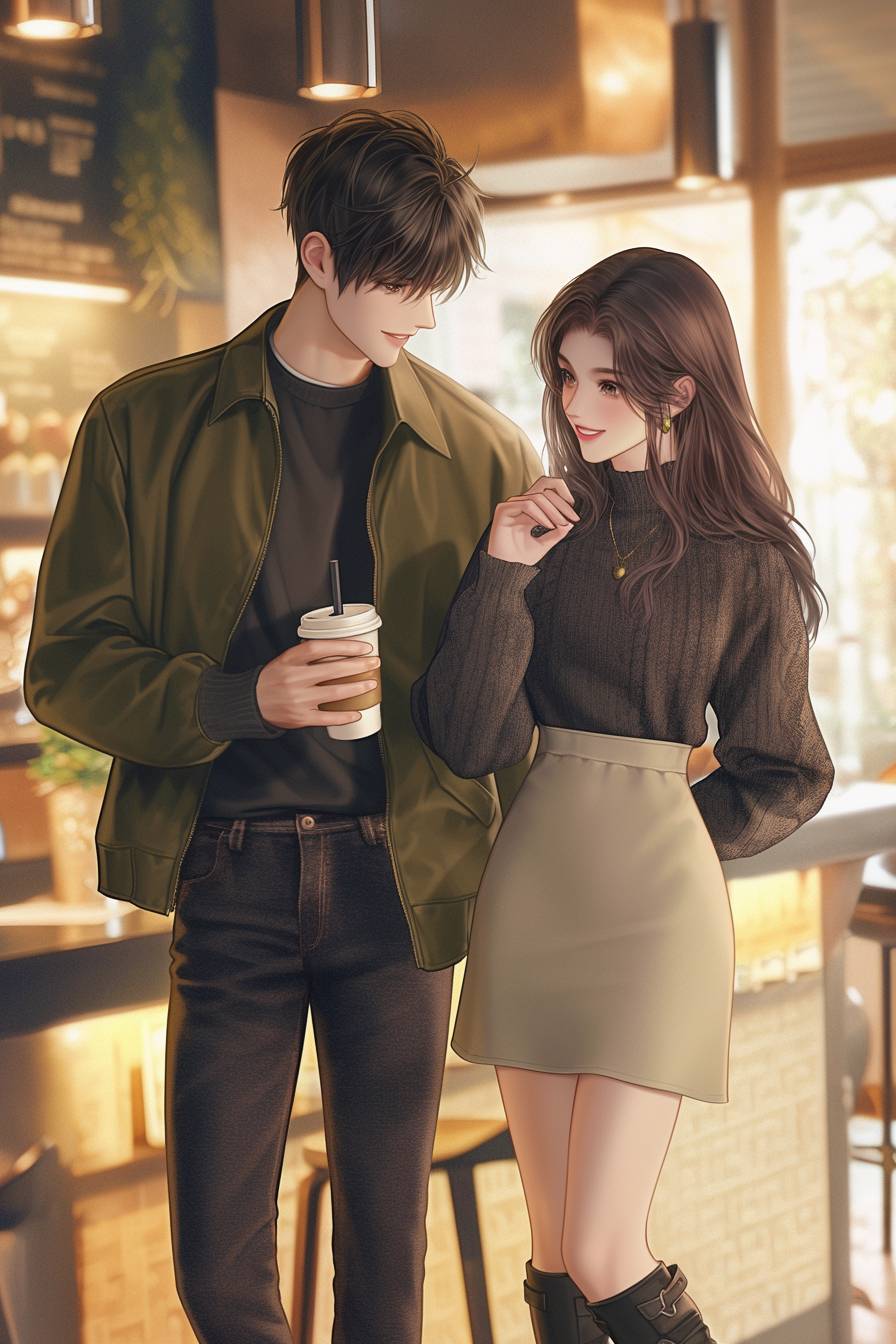 A stylish anime couple enjoying a date at a coffee shop, he wears a dark green jacket, white t-shirt, and black jeans, she wears a dark green sweater, beige skirt, and black boots.