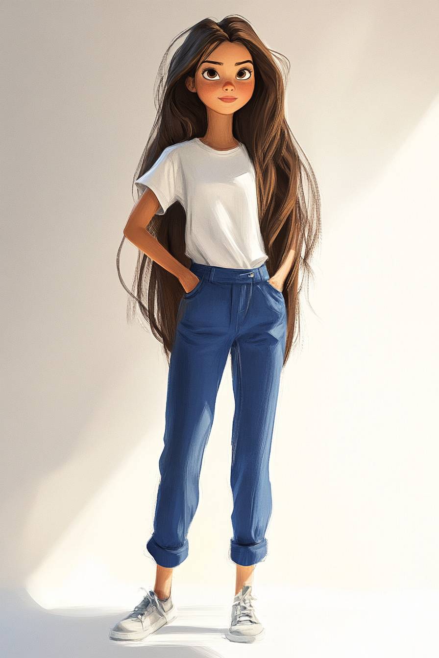 Une fille petite avec de longs cheveux, portant un t-shirt blanc et un pantalon bleu, style Pixar, personnage en plein corps.