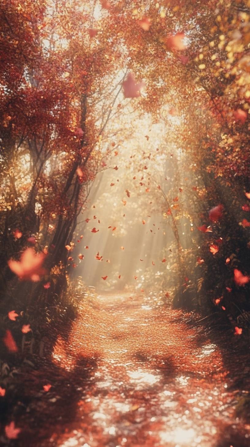 Autumn maple forest path with falling red leaves and golden sunlight, a dreamy scene