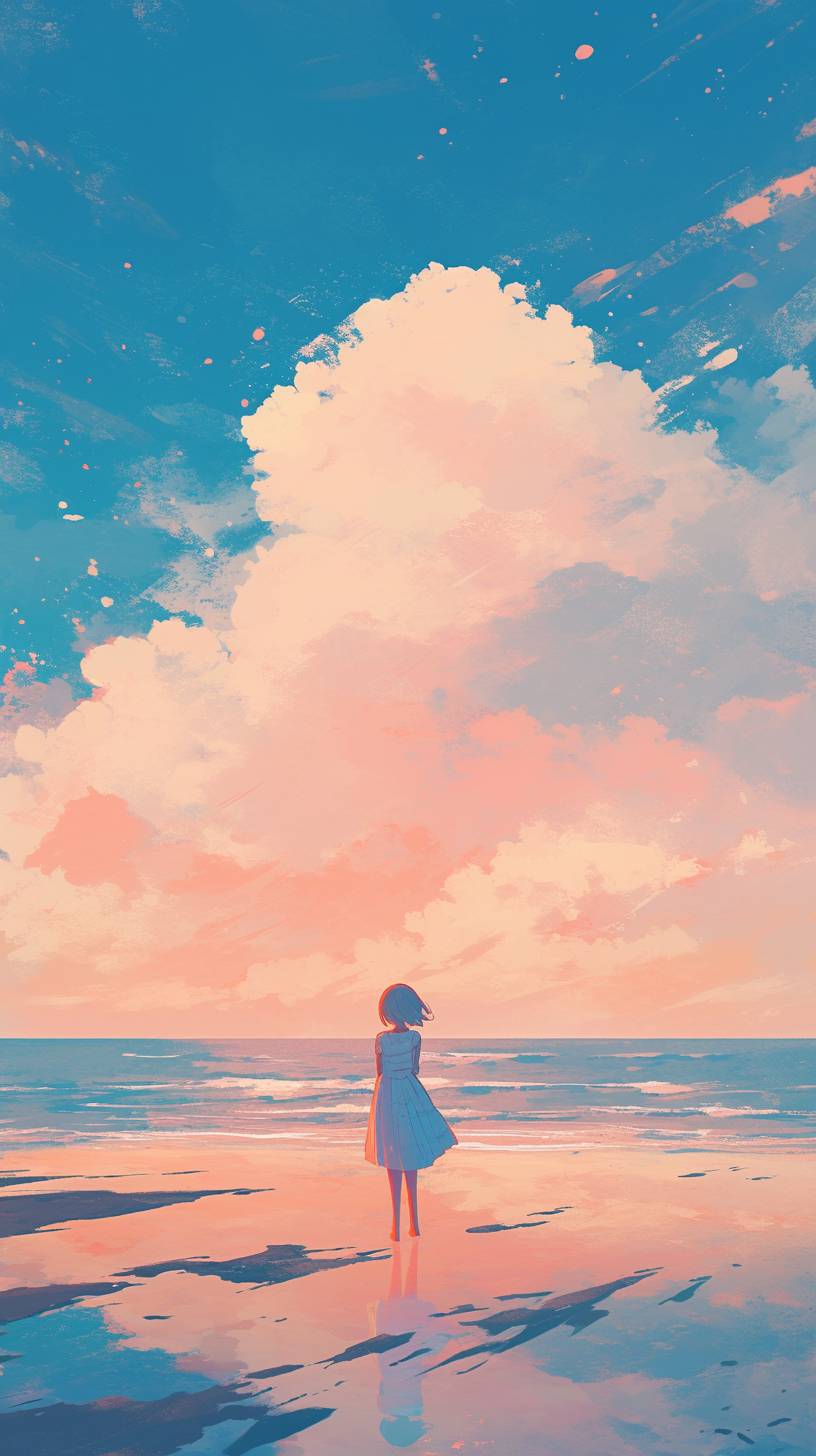 Anime character standing on a calm beach, serene atmosphere.