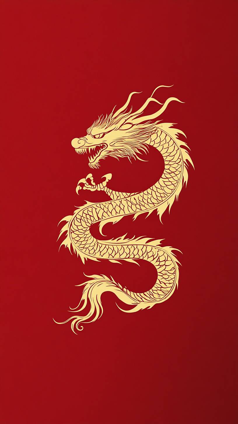 A minimalist gold silhouette of a red dragon on a simple red background for a bold and elegant design.