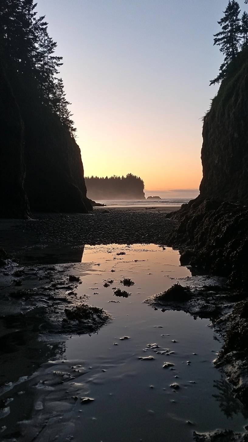 Coastal tide pools at twilight showcase gentle waves and sea life, a natural wonder.