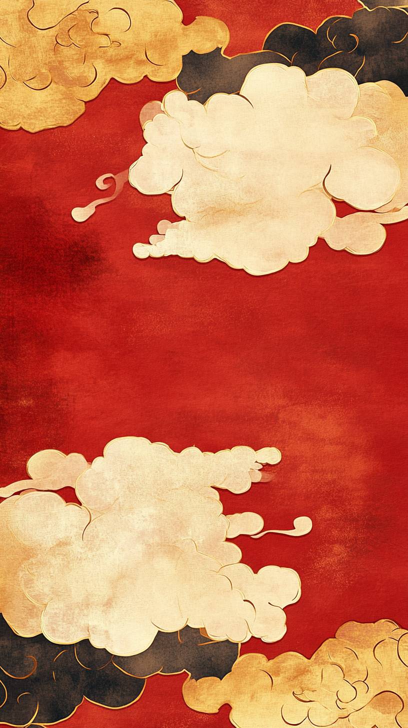 Patrón de nubes abstractas doradas de estilo chino moderno que se mezcla suavemente con un fondo rojo, manteniendo una estética minimalista pero cultural.