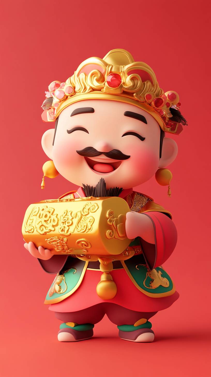 Cute Chinese God of Wealth and Door God holding a gold ingot, minimalist style, light red background