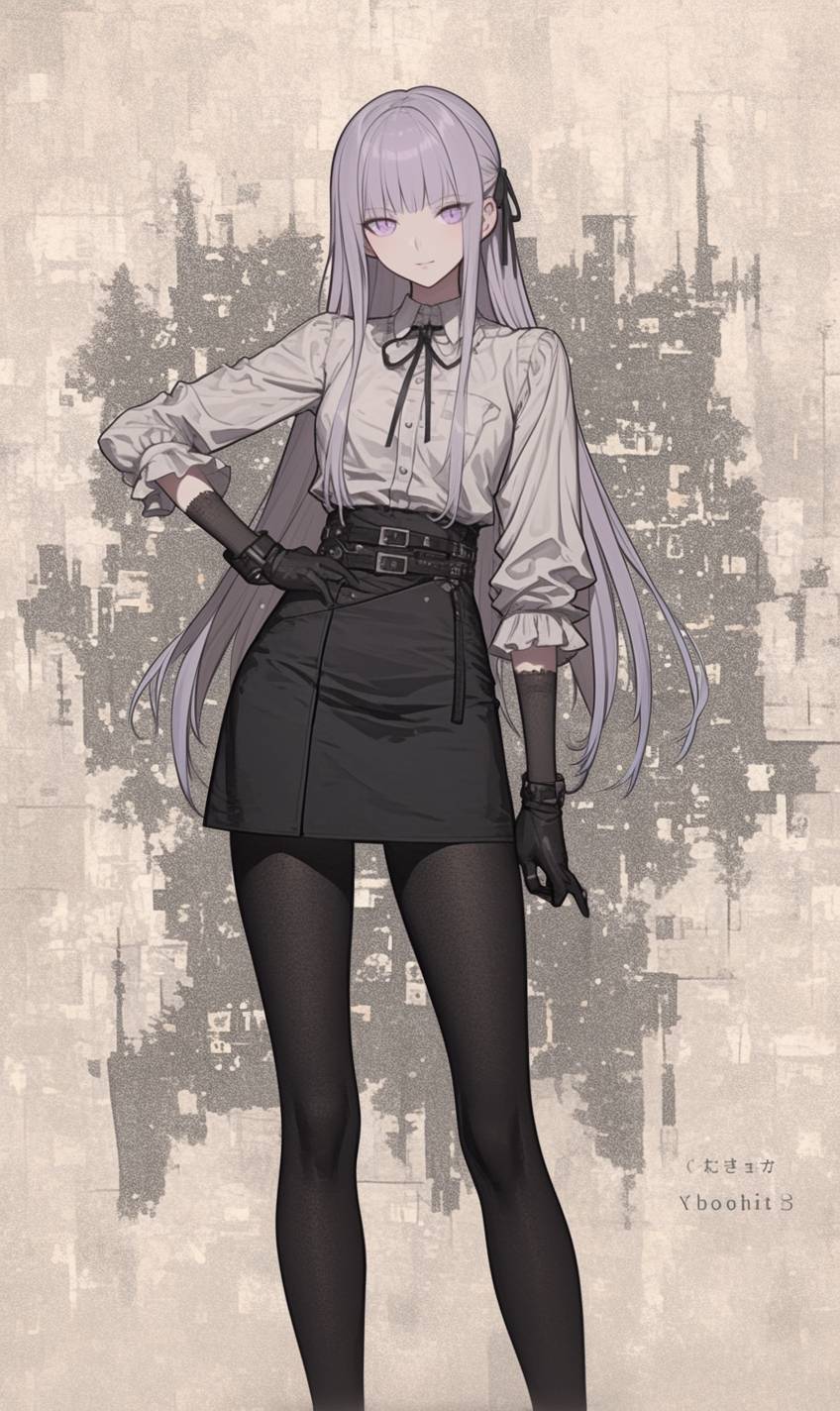 Danganronpa의 Kirigiri Kyouko가 스타일리시한 일상복을 입고 카페 앞에서 우아하고 신비로운 모습을 보여줍니다.