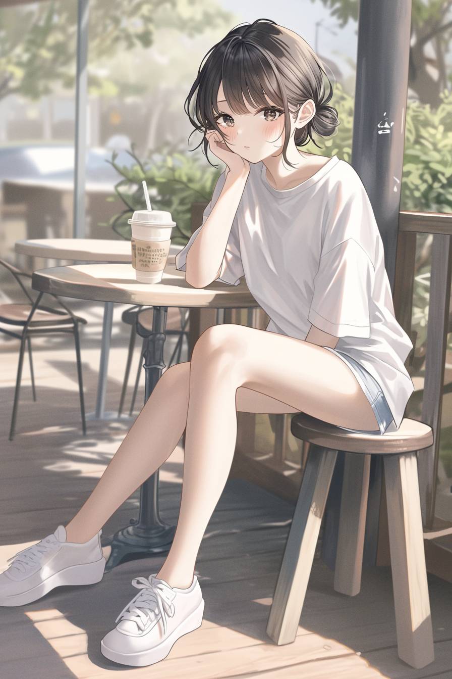 Ein Mädchen trägt ein lässiges oversized T-Shirt und Shorts mit einfachen Ringen und Slippern auf einer Café-Terrasse.