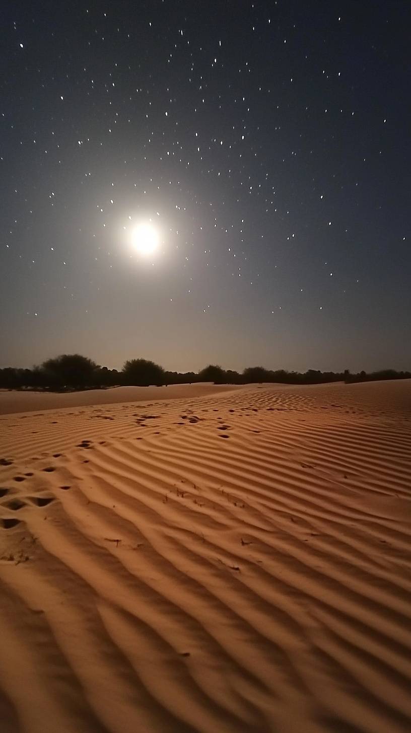 月光照耀的沙漠 dunes 和星空，銀河清晰可見，神秘而美麗。