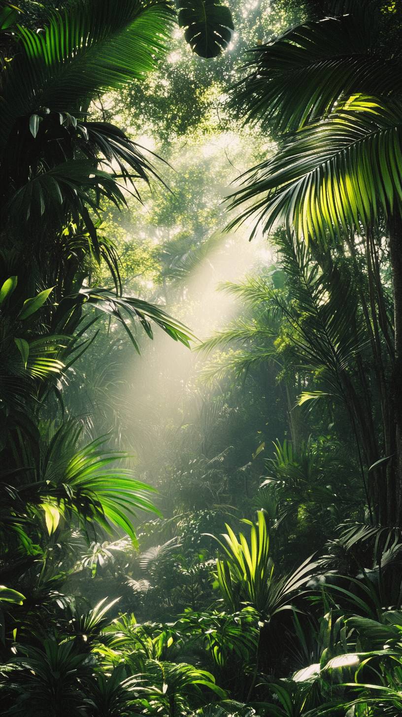 Tropical rainforest canopy, sunlight, exotic birds, lush paradise