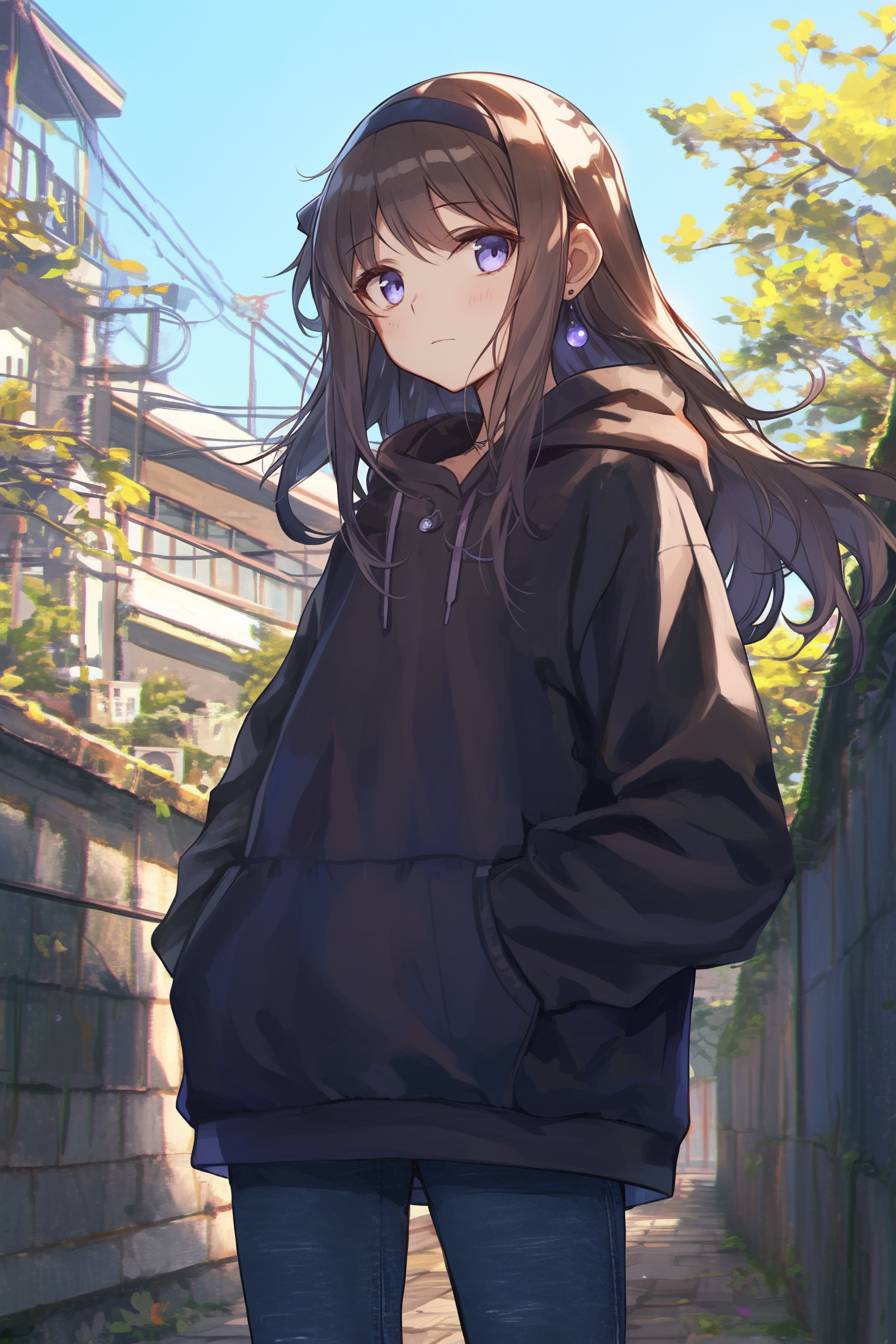 Kyouko Sakura marche avec assurance dans la rue, portant une veste noire, une chemise blanche, des jeans déchirés et des baskets.