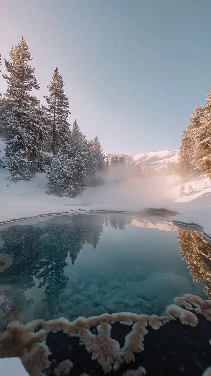 Mountain hot spring pool with rising steam and serene snowy landscape