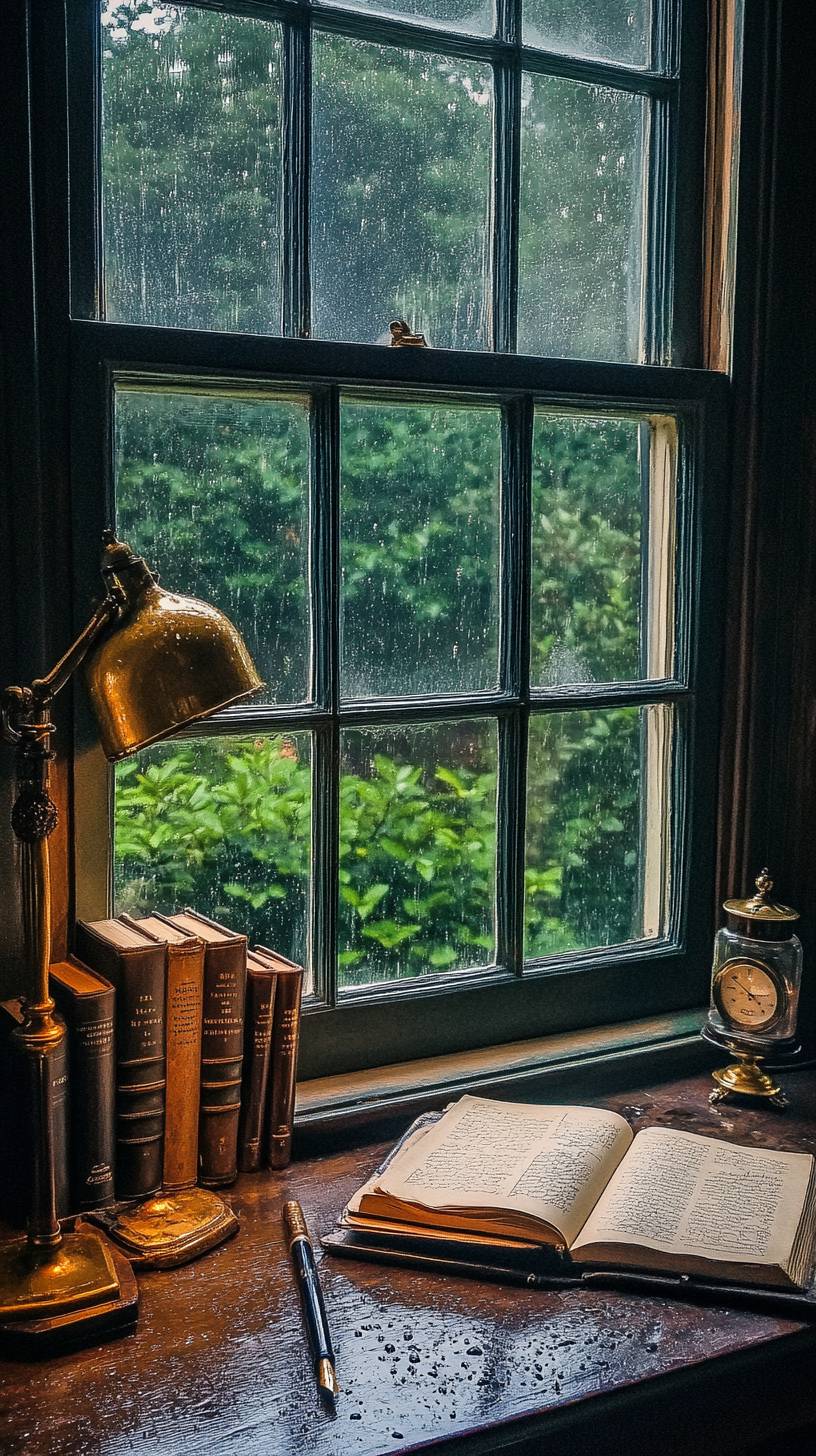 Writing desk by window, leather-bound books, fountain pen collection, antique brass lamp, raindrops on window, moody lighting.