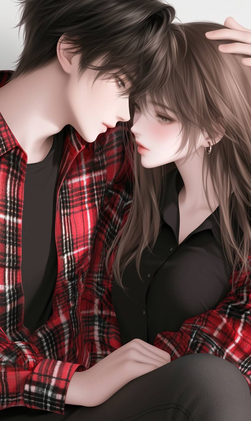 A CG realistic anime couple in matching plaid flannel shirts.