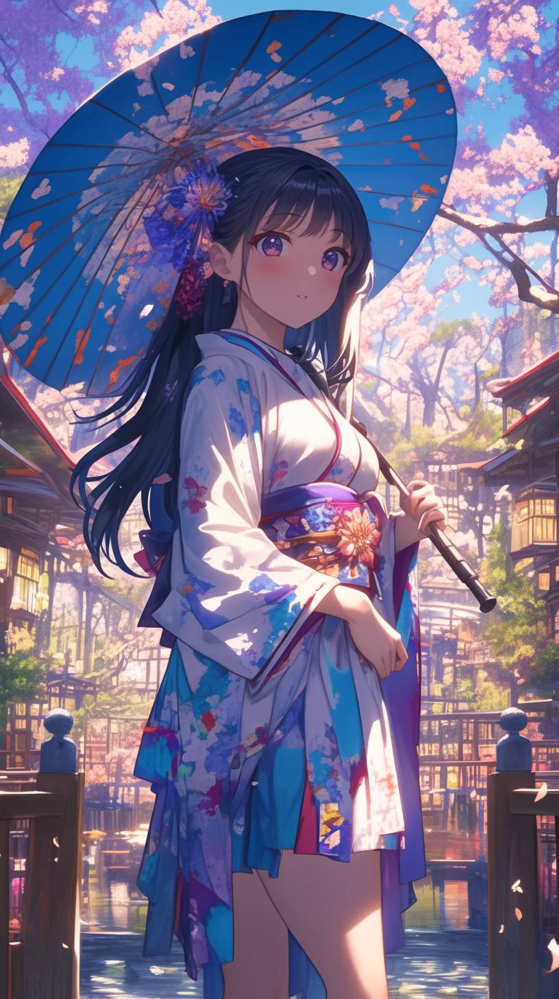 Chica de anime japonés con kimono moderno de patrones geométricos, accesorios de flores, sandalias elegantes en un jardín de templo pacífico.