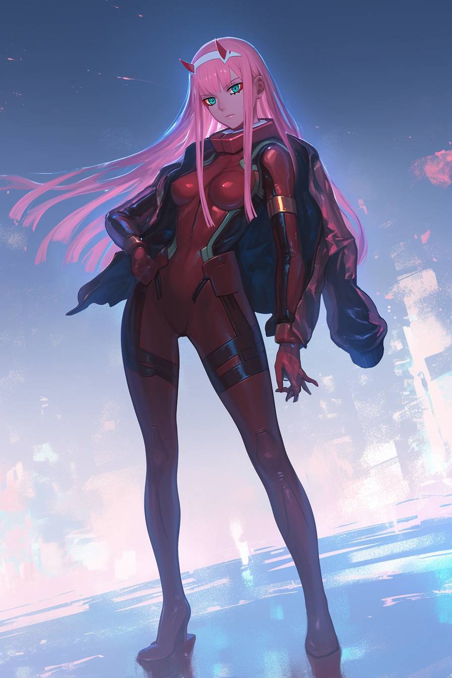 Zero Two from Darling in the Franxx wears a sleek bodysuit and leather jacket, exuding cyberpunk vibes.