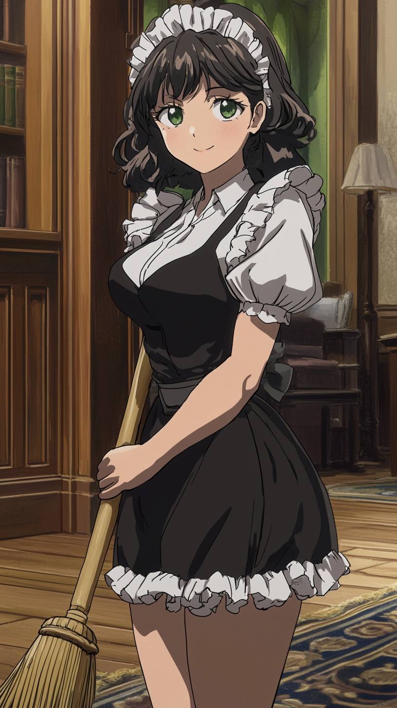 Shigeno Kageno from Spy x Family in a maid outfit, shyly posing with a broom in a cozy mansion interior.