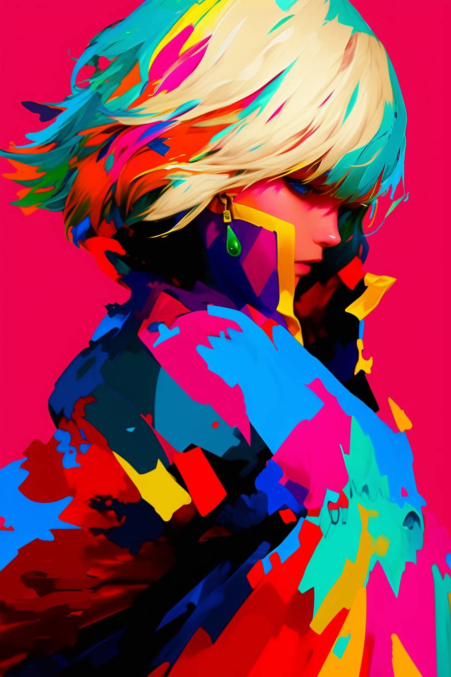 Howl wears a flowing blue and pink coat, with blonde hair and dangling earrings, looking magical and elegant.