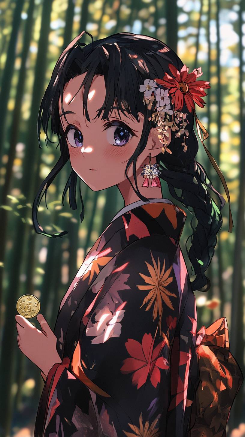 Kanao Tsuyuri from Demon Slayer stands serenely in a bamboo forest, wearing a floral kimono and holding a coin with a gentle expression.