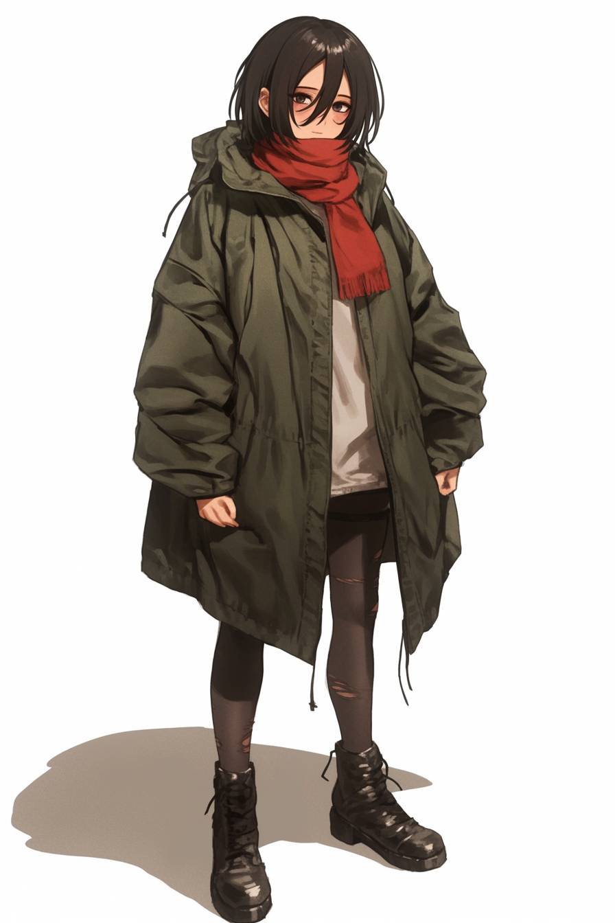 Mikasa Ackerman de L'Attaque des Titans porte des vêtements de rue décontractés avec une veste oversize et des bottes, style moderne et épuré.