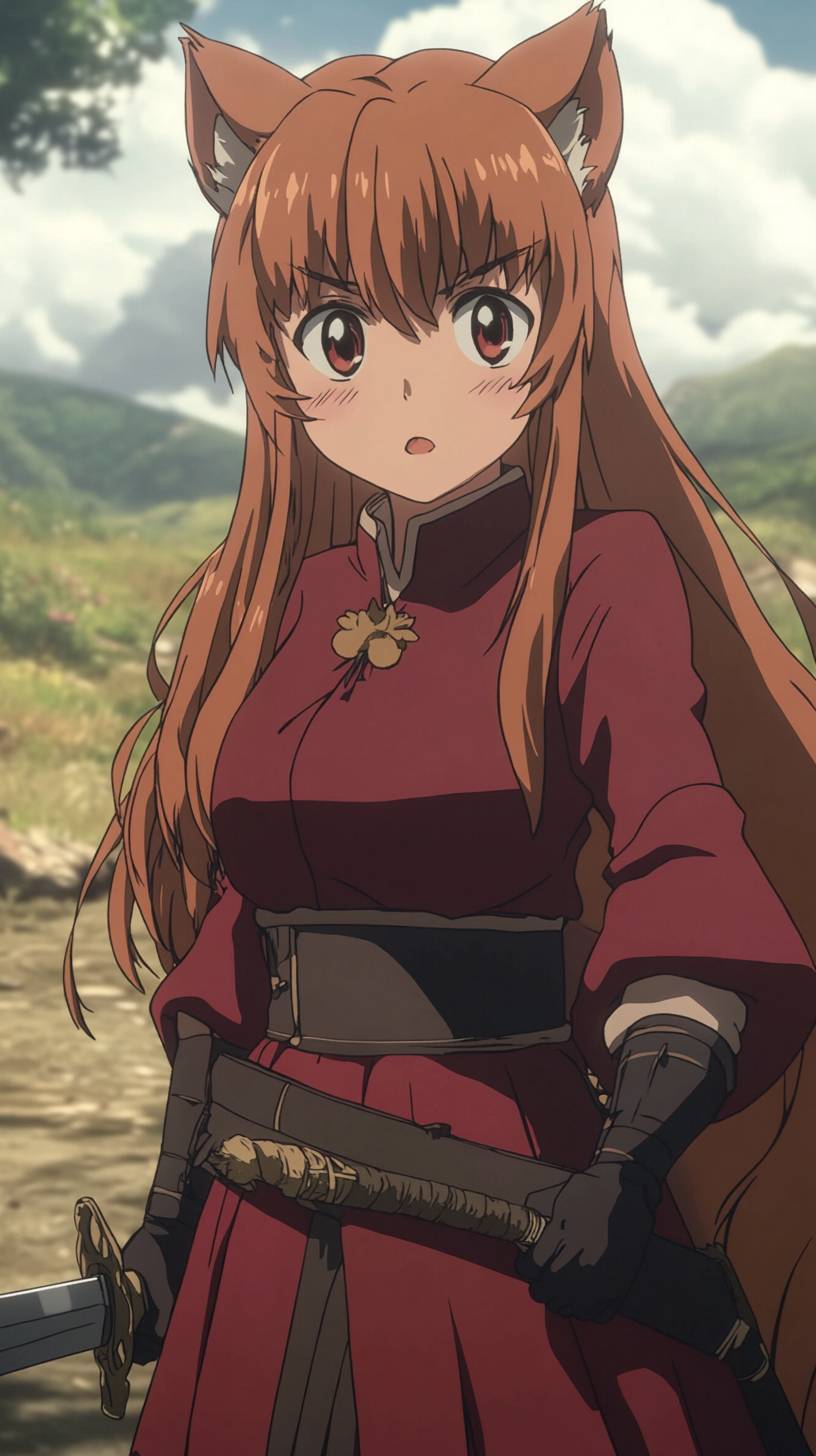 Raphtalia wears a red tunic, holding a sword with a determined look in the fantasy plains.