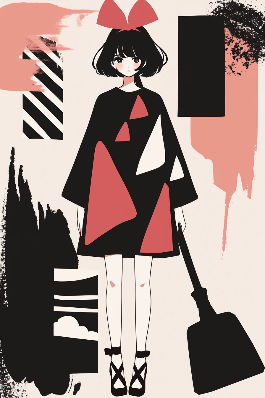 Kiki wears a black dress with a red bow, holding a broomstick and sporting a short bob hairstyle, charming and simple.