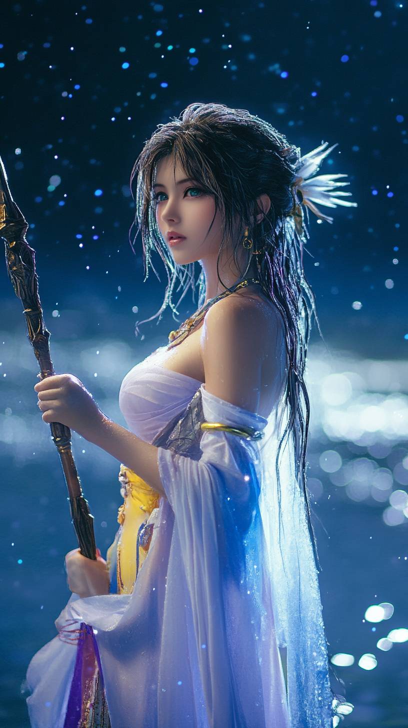 Yuna aus Final Fantasy X, gekleidet in einem Beschwörer-Outfit, mit einem Stab in der Hand, steht auf Wasser mit fließendem Haar.