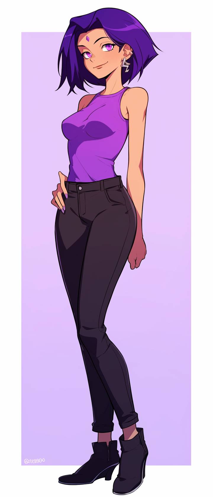 Raven aus Teen Titans trägt ein lila ärmelloses Oberteil und schwarze High-Waist-Jeans, mystisch und modern, bequem und minimalistisch.