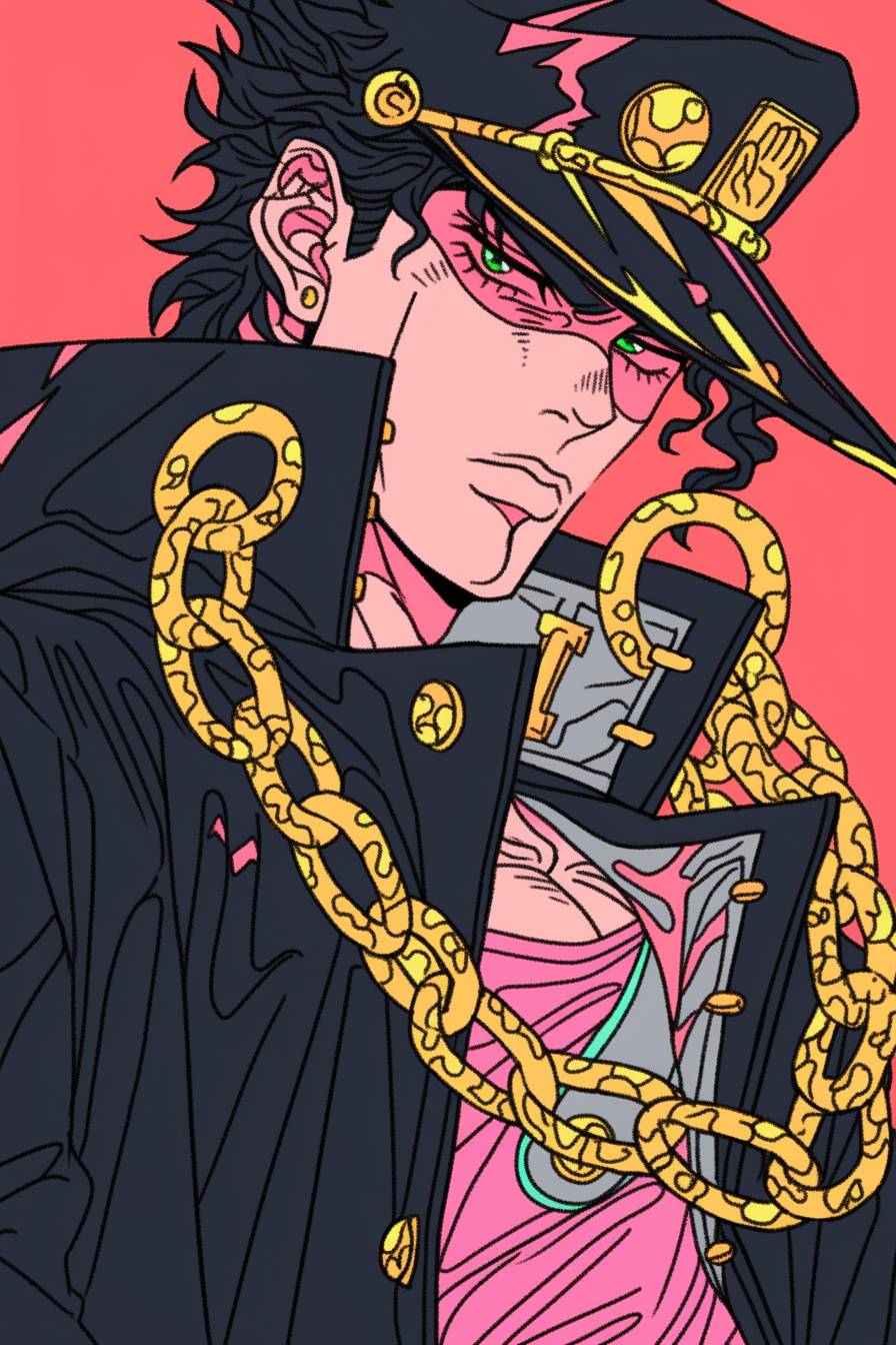 Jotaro wears a black school uniform with a gold chain, wide-brimmed hat, and piercing stare.