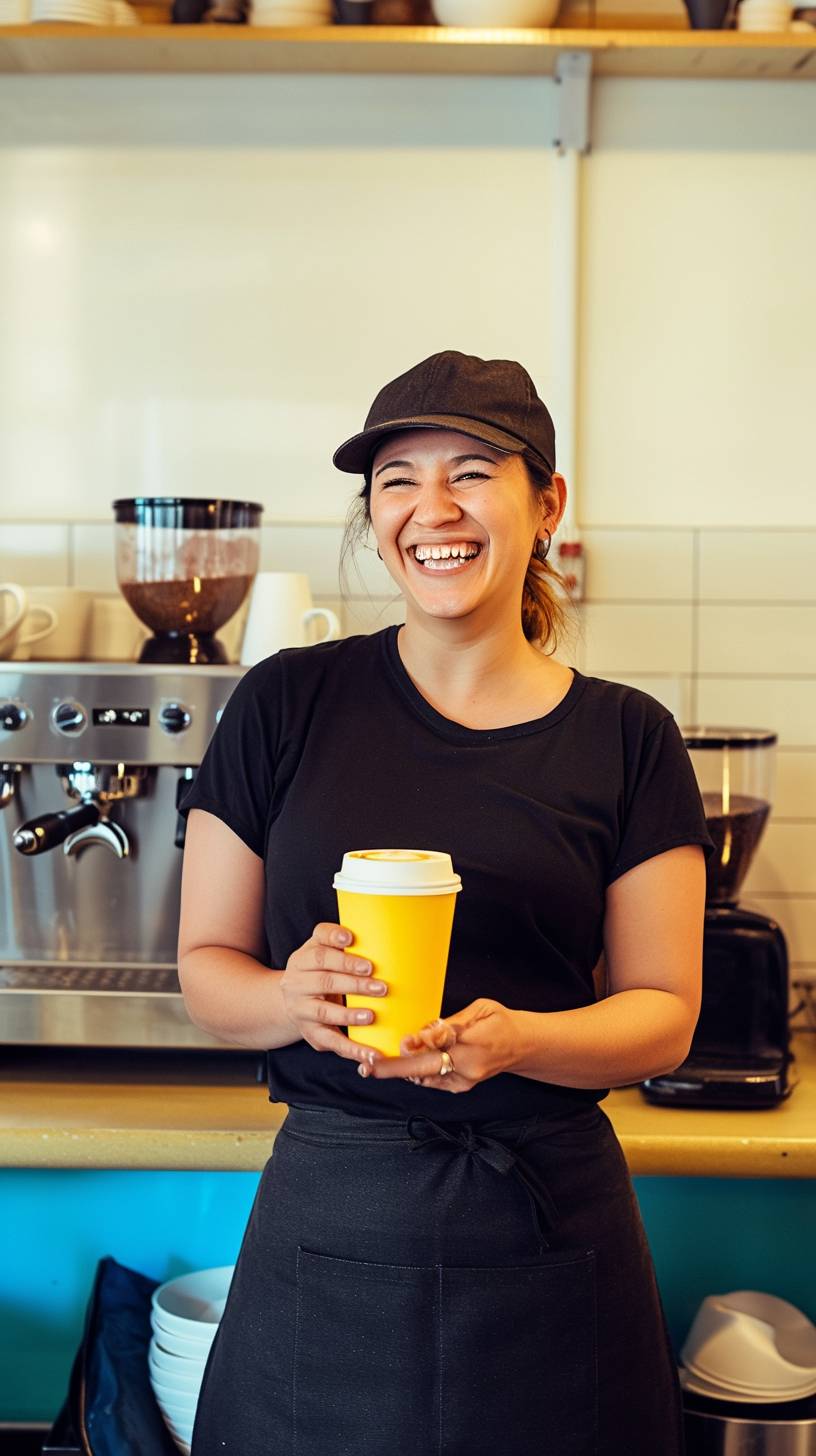 Eine eigentümlich aussehende Frau Mitte zwanzig lacht und hält eine gelbe To-Go-Kaffeetasse neben einer Kaffeemaschine.