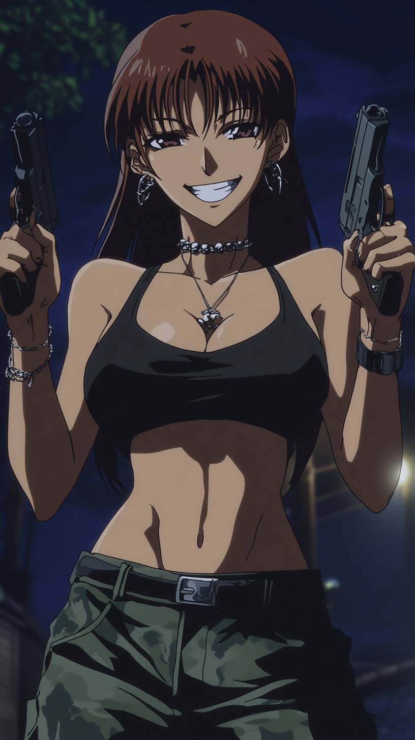 Revy de Black Lagoon, con un top negro y pistolas duales, sonríe ferozmente en una noche de muelle llena de humo.