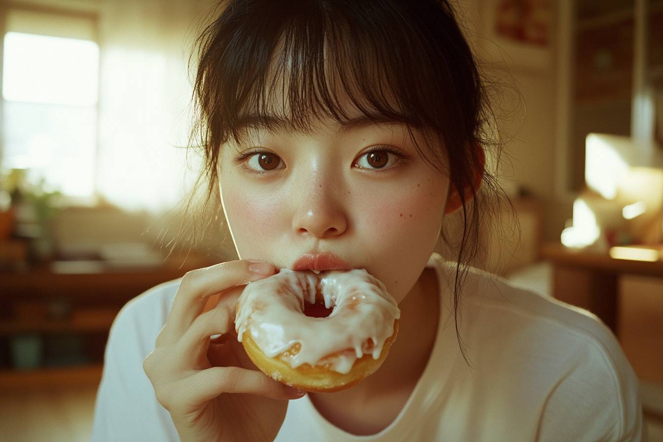 A young Korean woman joyfully bites into an icing donut, surrounded by a vintage home decor backdrop.