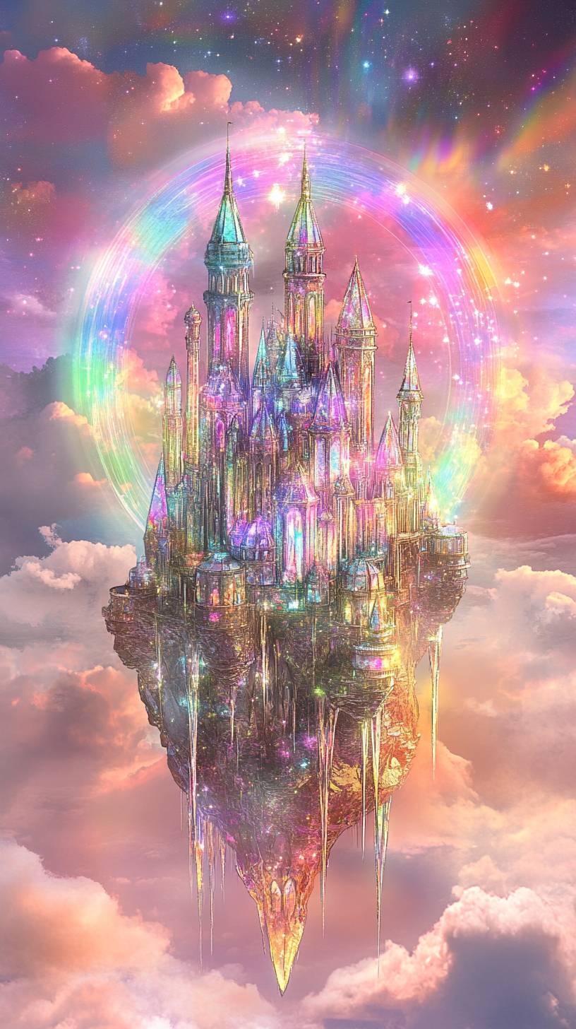 Crystal castle floating in the sky, whimsical style, rainbow halo