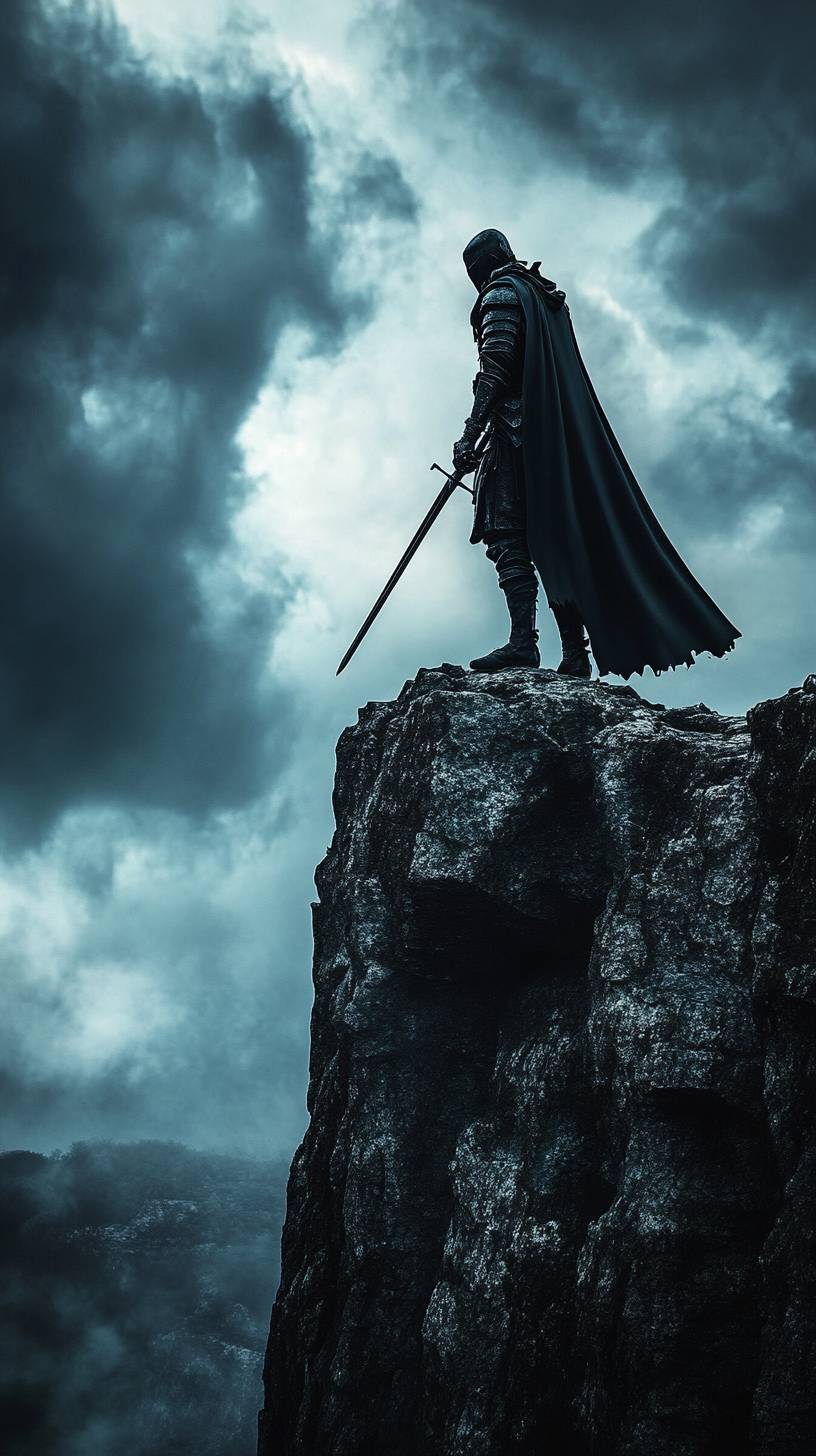 Medieval knight standing on a cliff edge, epic style with dramatic lighting.