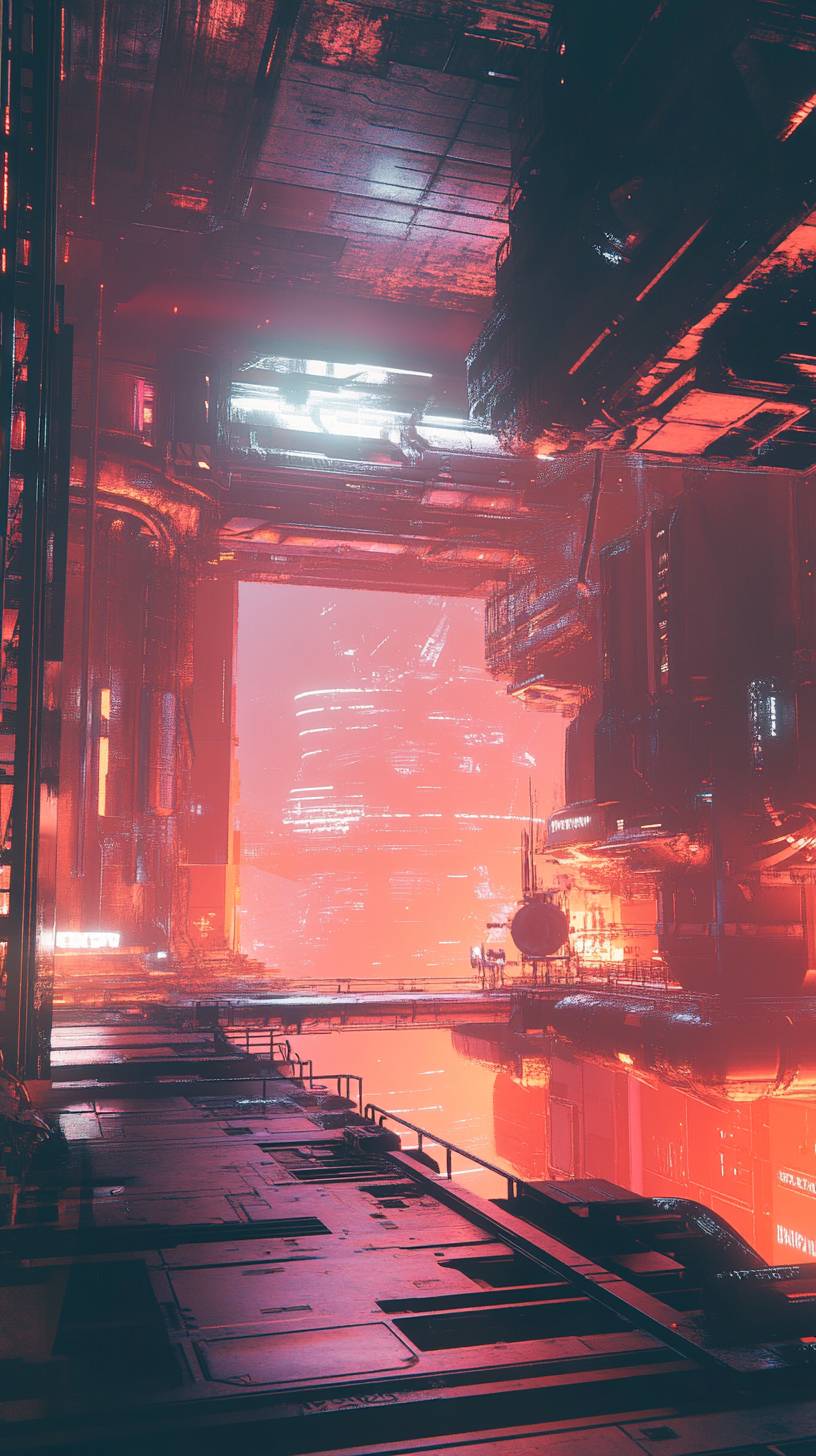 Futuristic space station with a cyberpunk aesthetic and dynamic lighting.