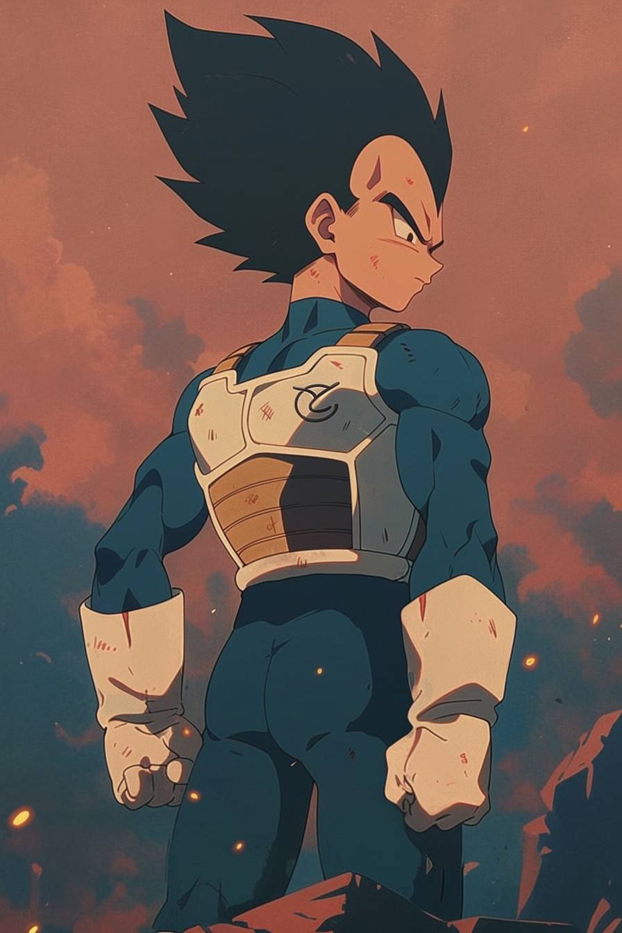 Vegeta porte une armure Saiyan bleue avec des accents blancs et dorés, des cheveux noirs en piques et une aura intense.