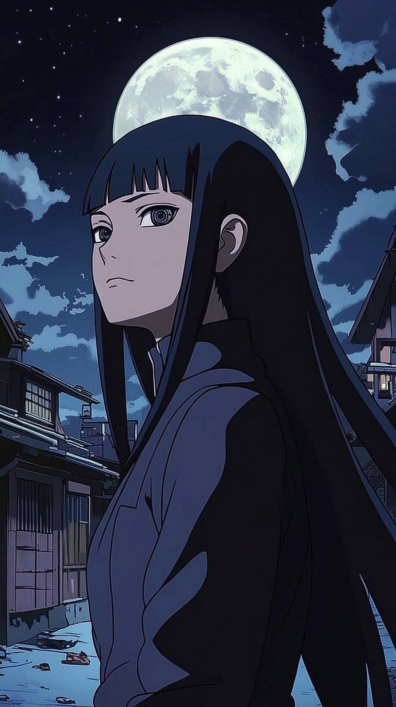 Hinata Hyuga de Naruto en una postura suave pero feroz bajo la luz de la luna, Byakugan activado.