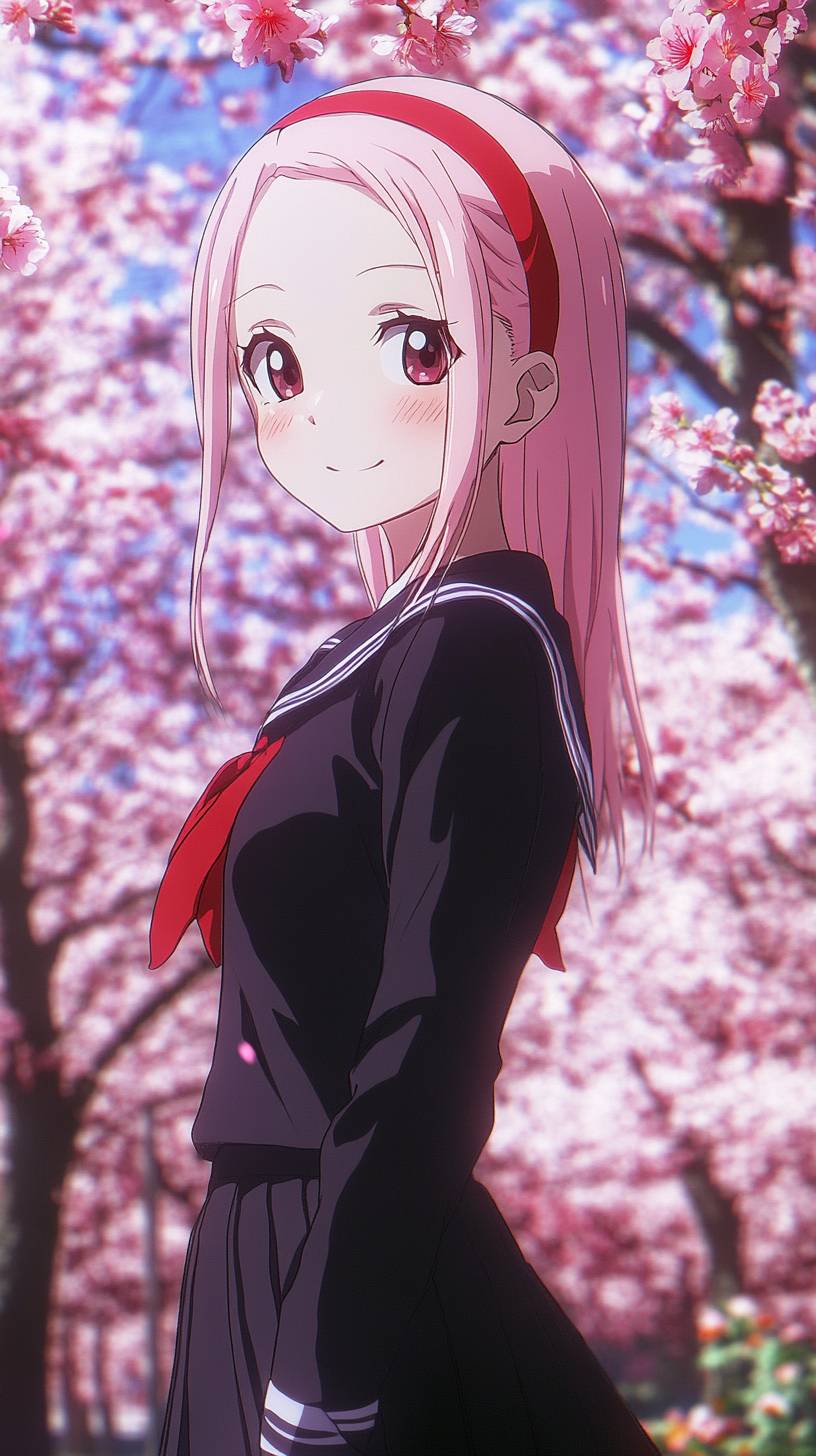 Kaguya Shinomiya wears a red hairband and a pristine school uniform, smiling slyly in a cherry blossom garden.