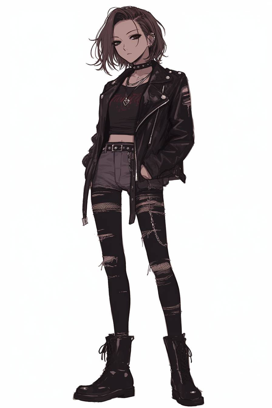 Nana Osaki wears a black leather jacket, ripped jeans, and boots in a punk rock style.