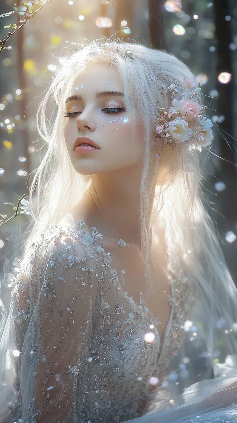 Une belle femme dans une forêt mystique, portant une robe fluide, avec des fleurs et des bijoux dans les cheveux.