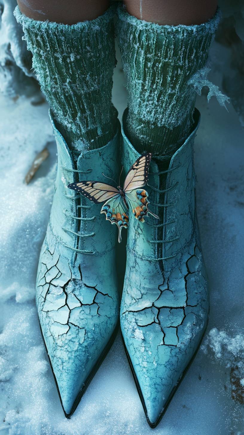 Sapatos pontudos azul glacial com rachaduras na superfície revelando um forro verde suave; meias com texturas que derretem a neve e uma borboleta bordada na panturrilha.