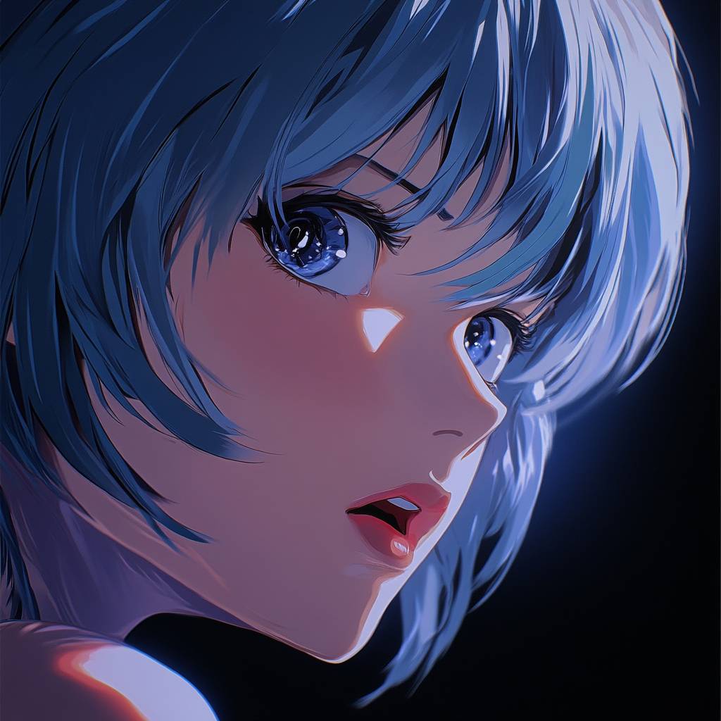 Rei Ayanami de Neon Genesis Evangelion, uma garota de anime misteriosa, foto de perfil em close.