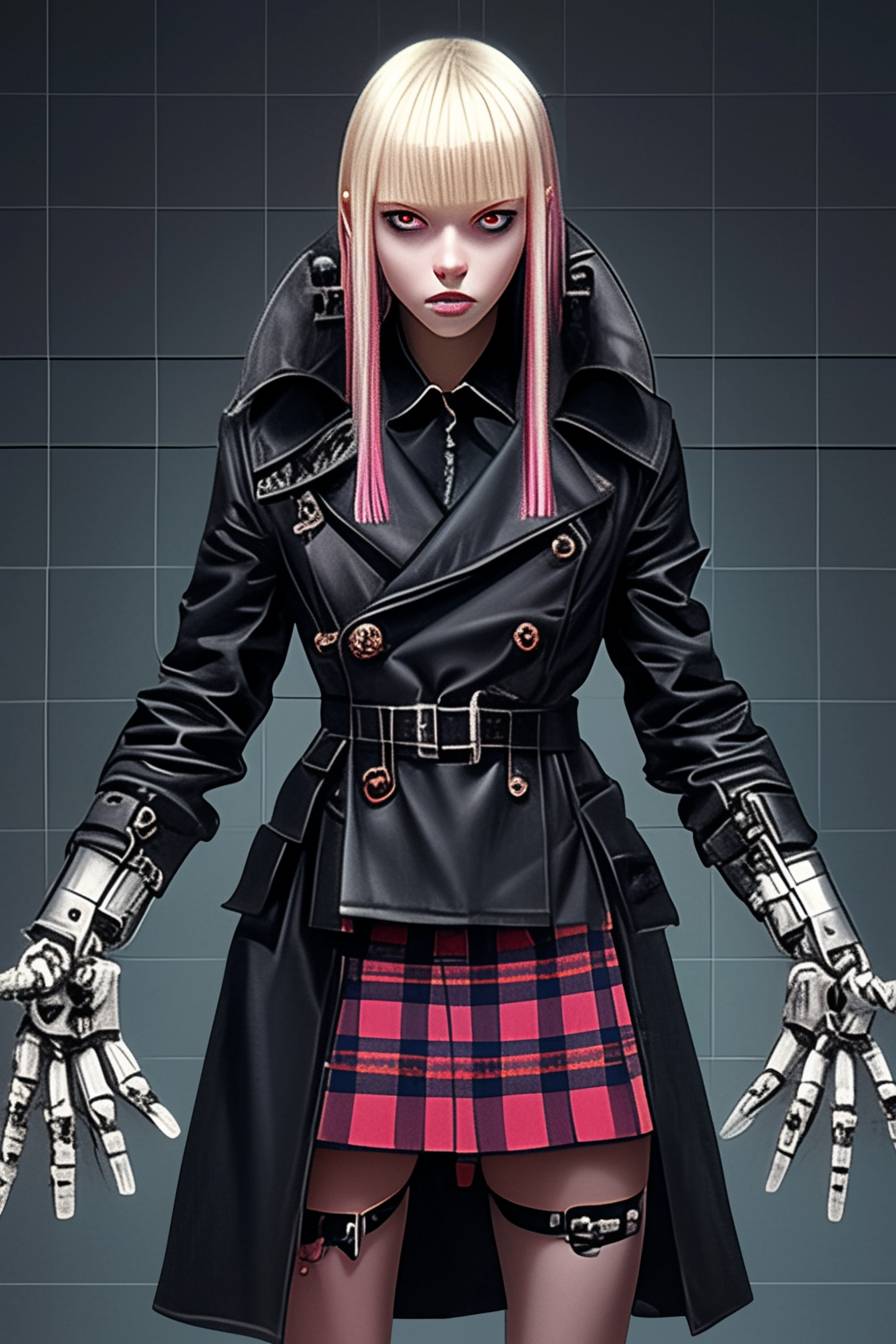 Maka wears a black trench coat, red plaid skirt, and white gloves, embodying a fierce yet bookish style.